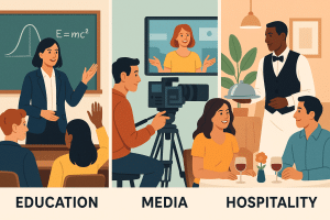 Illustration representing experience in education, media production, and hospitality through teaching, content creation, and customer service environments